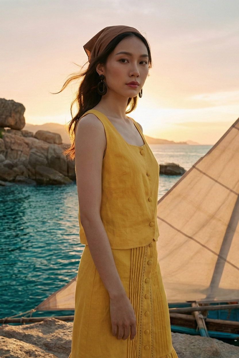 Áo croptop cổ vuông linen vàng thời trang Hity