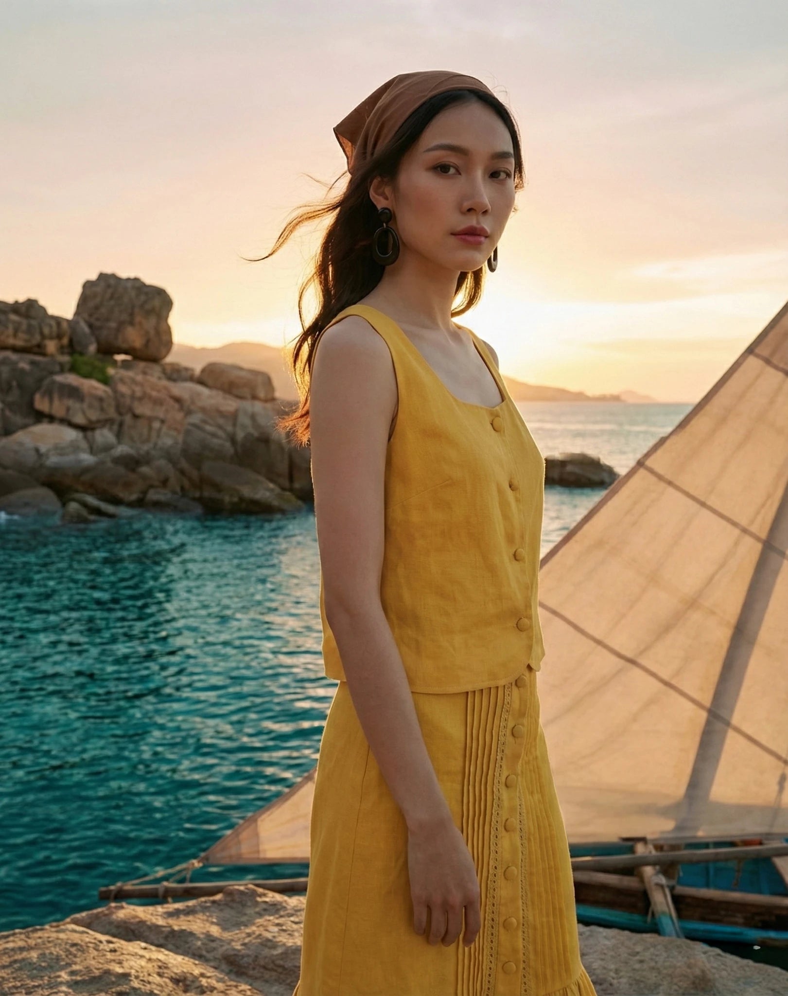 Áo croptop sát nách cổ vuông linen vàng thời trang Hity 