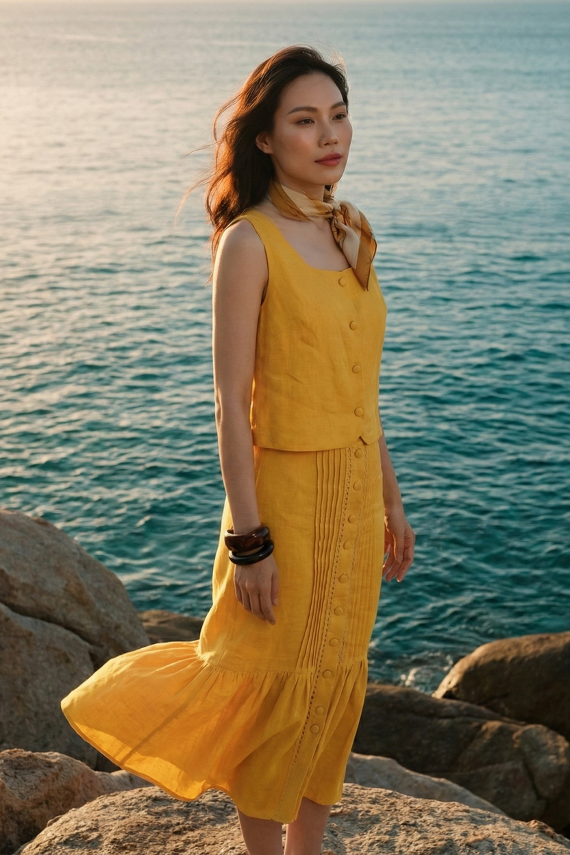 Áo croptop cổ vuông linen vàng thời trang Hity