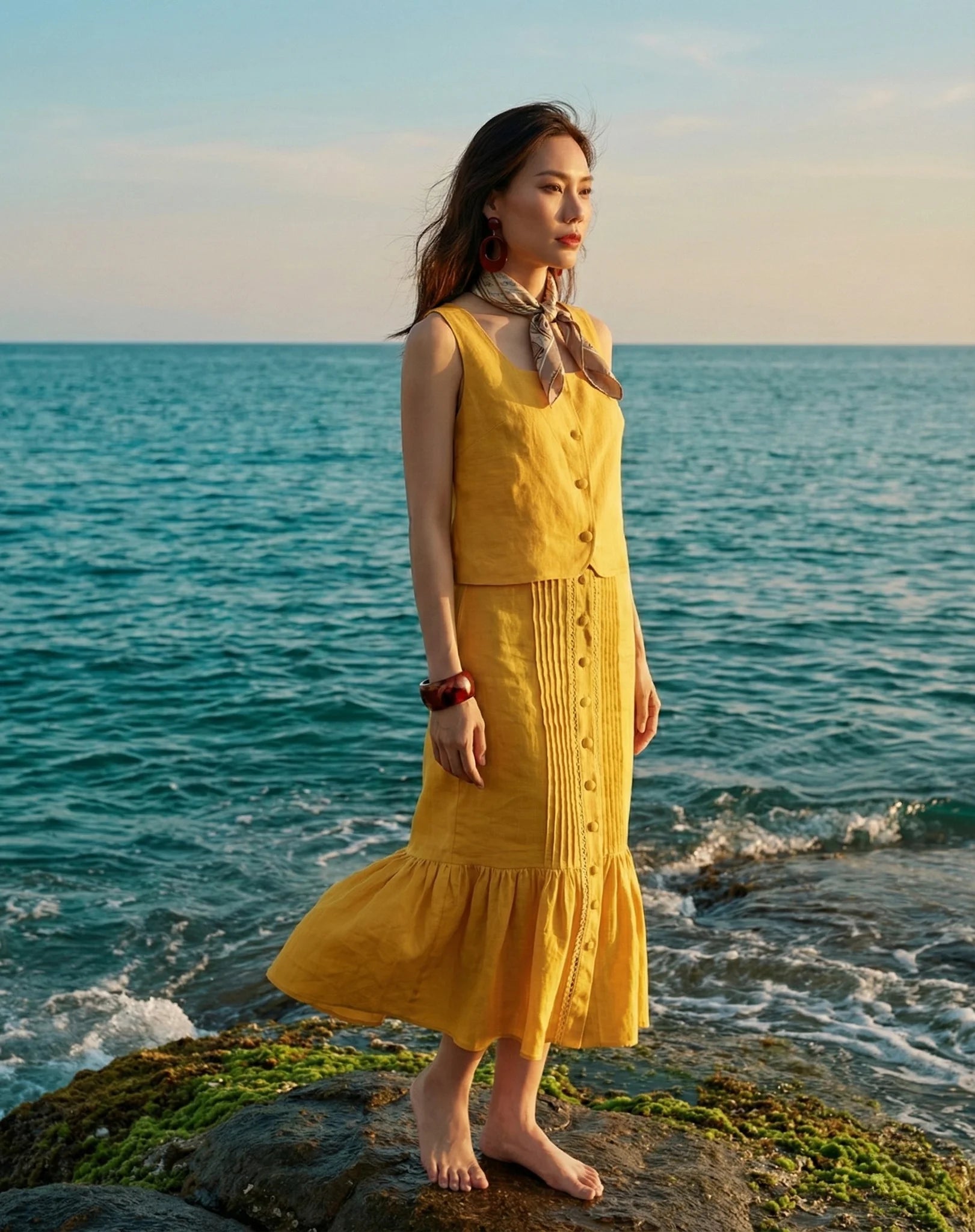 Áo croptop sát nách cổ vuông linen vàng thời trang Hity 