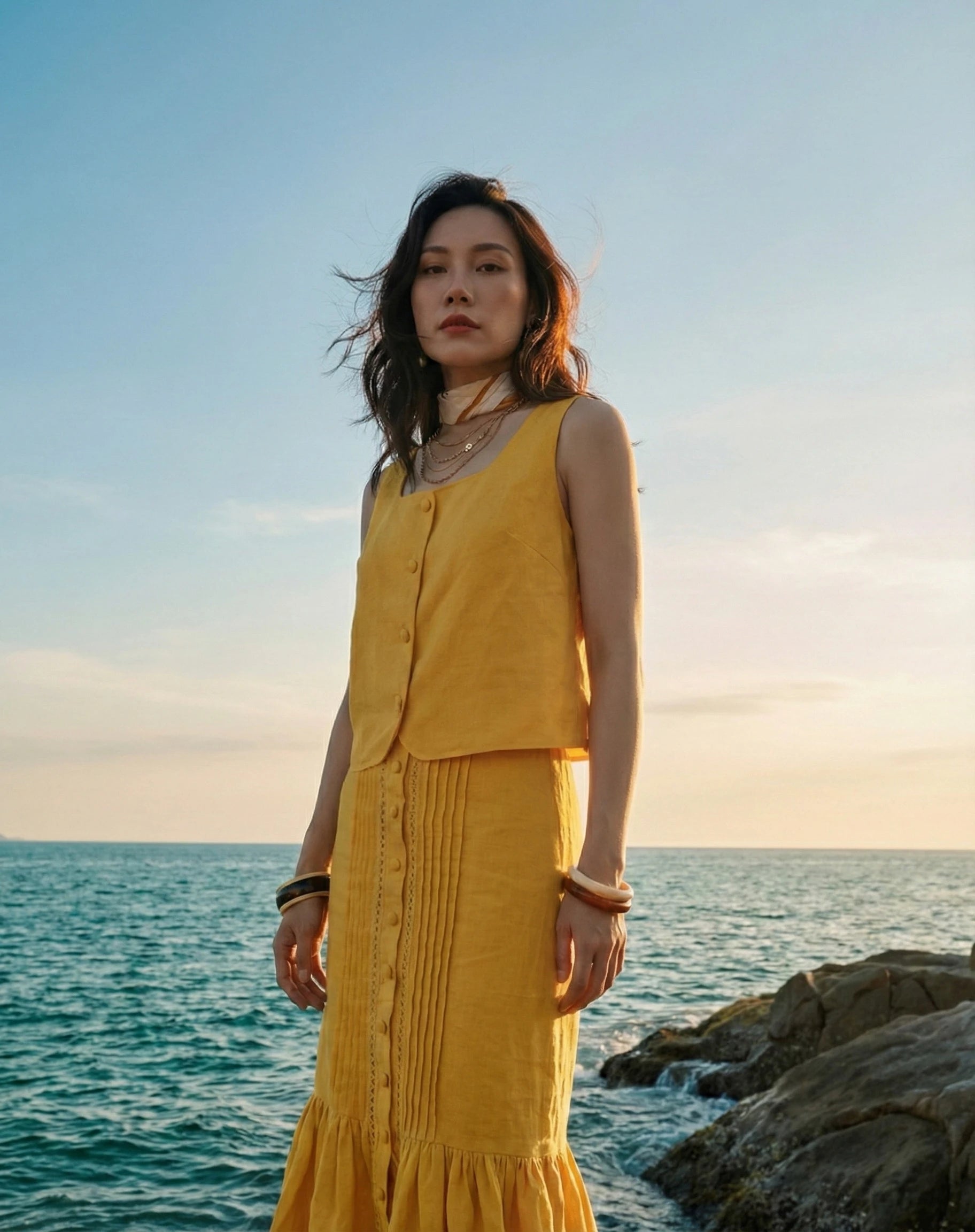 Áo croptop sát nách cổ vuông linen vàng thời trang Hity 