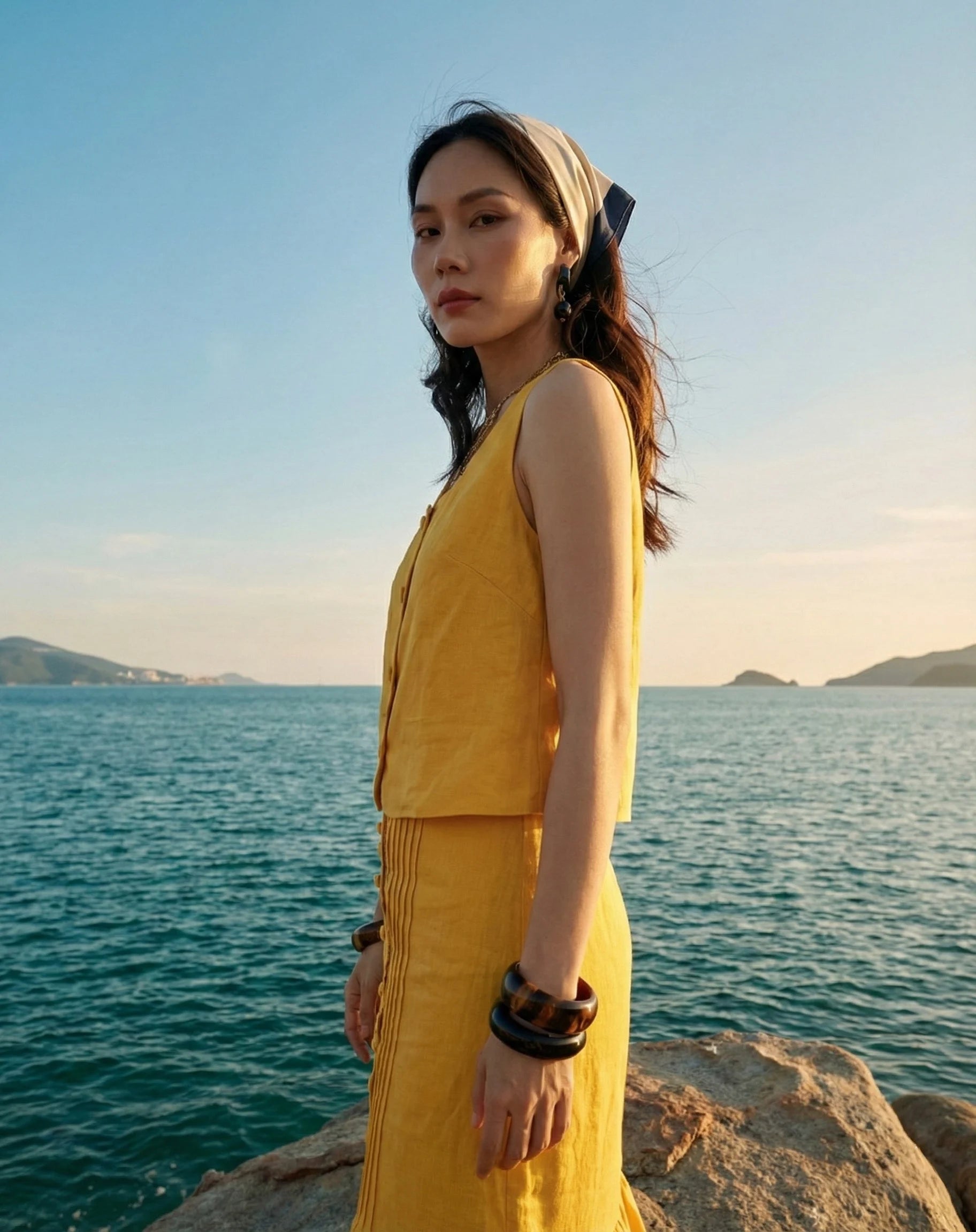 Áo croptop sát nách cổ vuông linen vàng thời trang Hity 