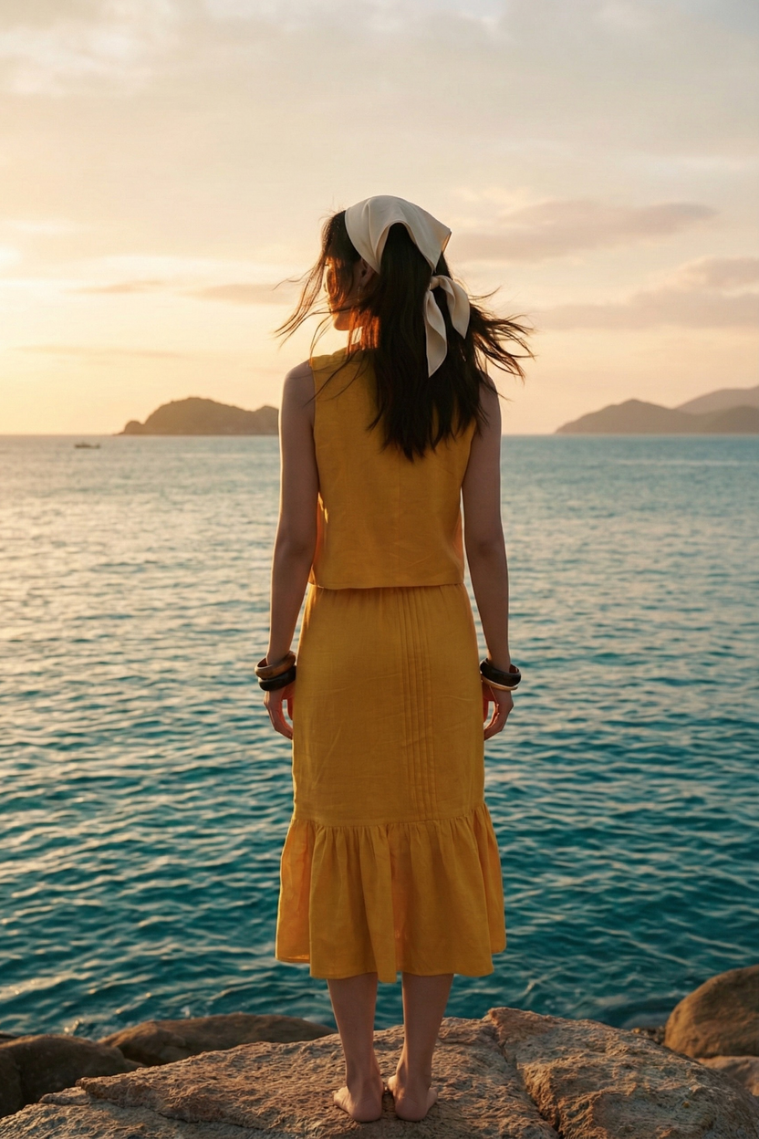 Áo croptop cổ vuông linen vàng thời trang Hity