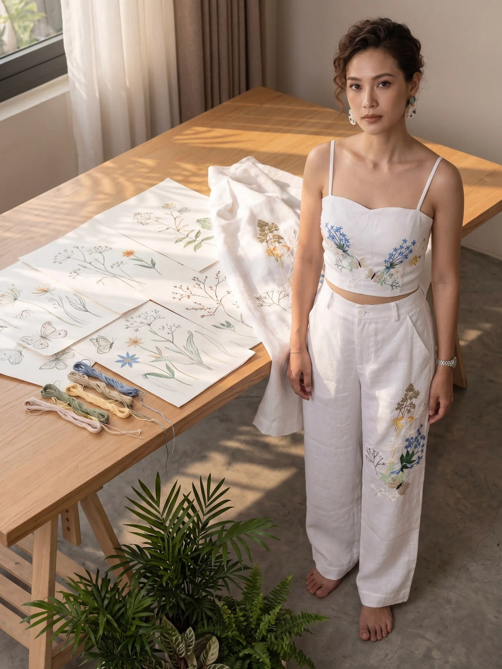Áo croptop hai dây linen trắng thêu tay Mơ thời trang Hity