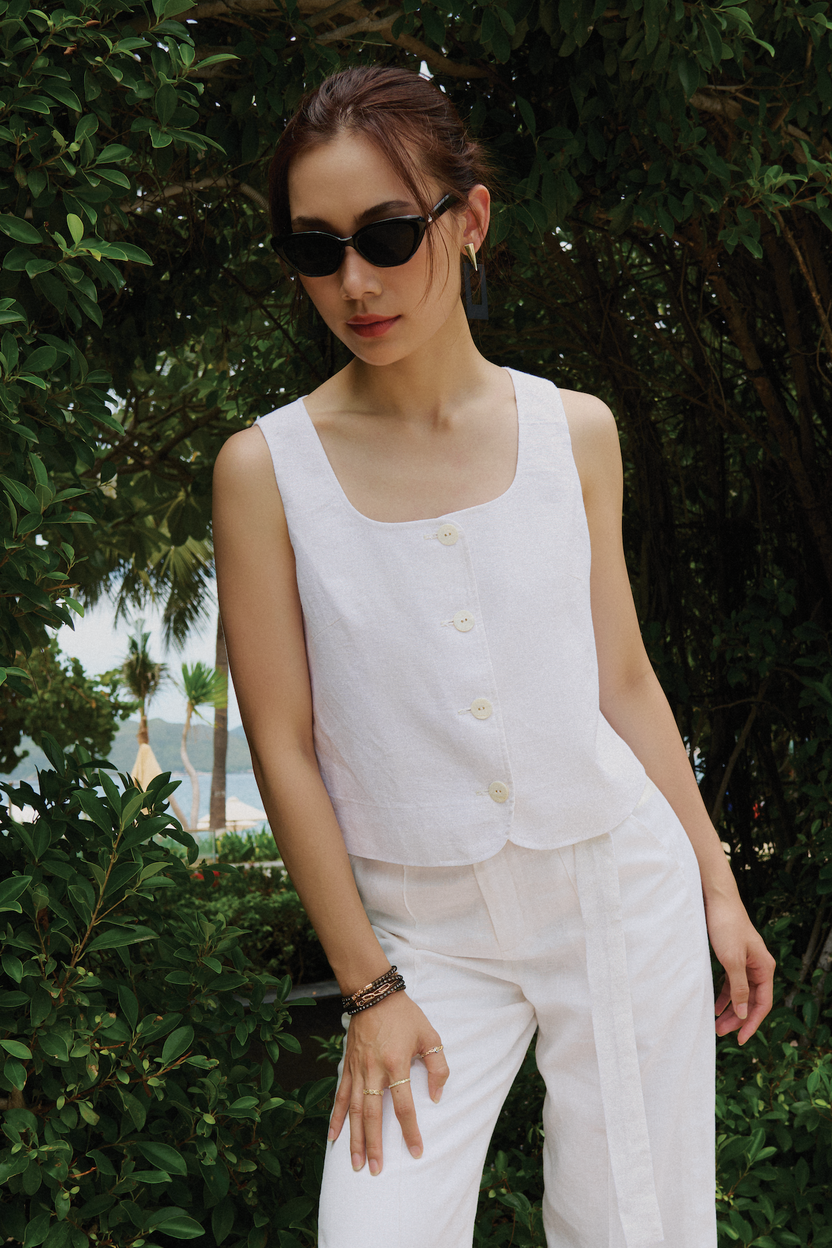 Áo crop top sát nách linen trắng thời trang Hity