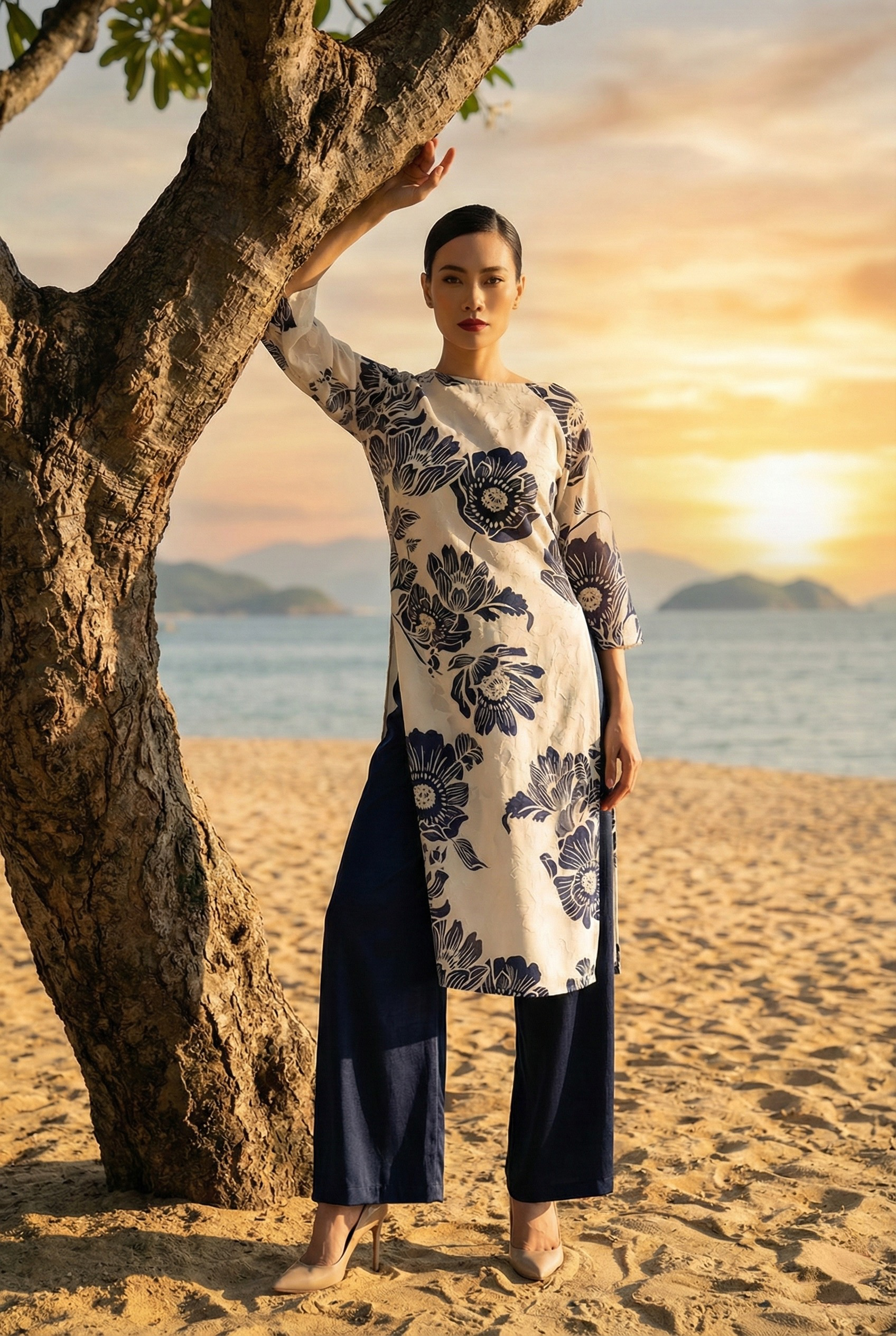 Áo dài cổ thuyền hoa mẫu đơn thời trang Hity
