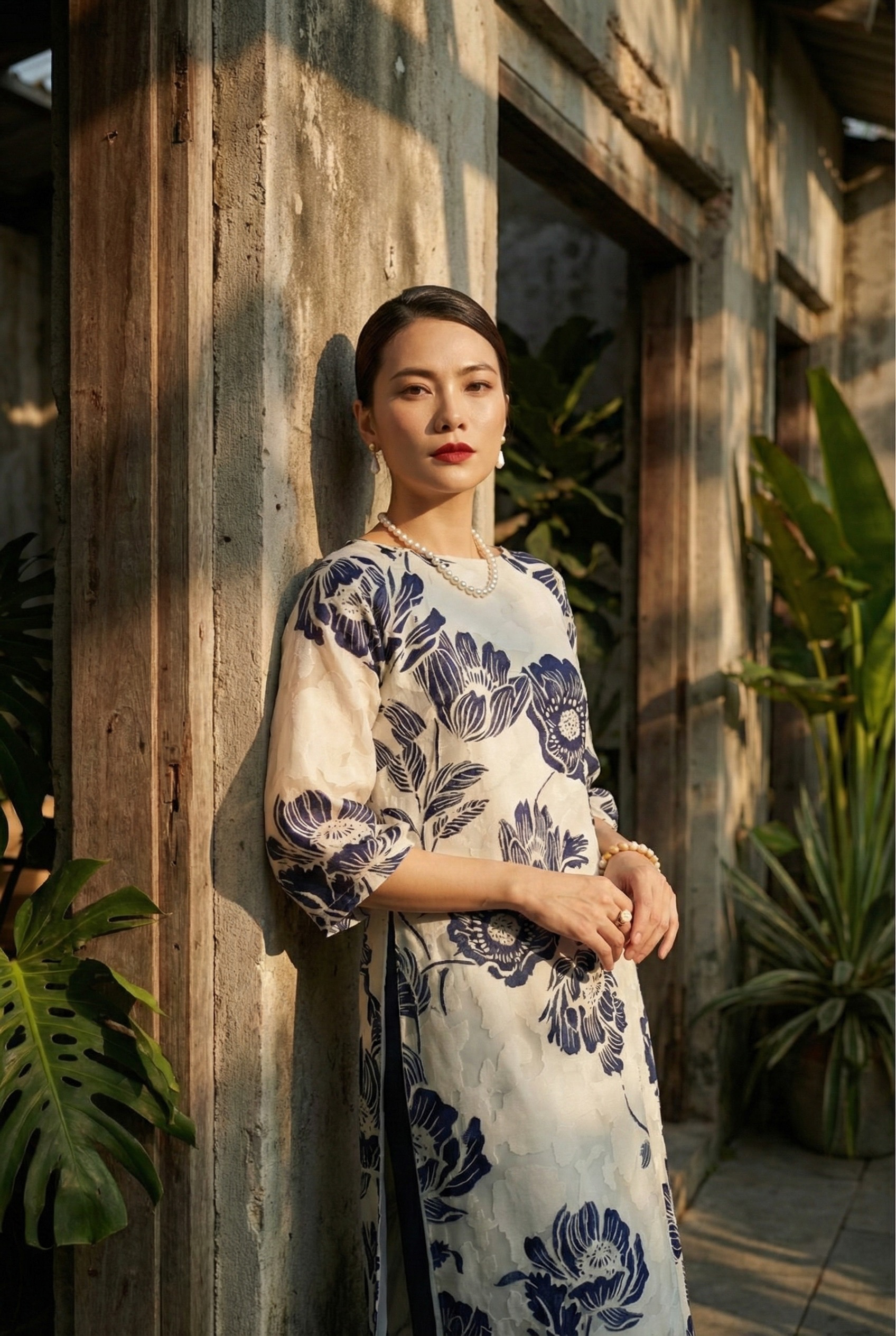 Áo dài cổ thuyền hoa mẫu đơn thời trang Hity