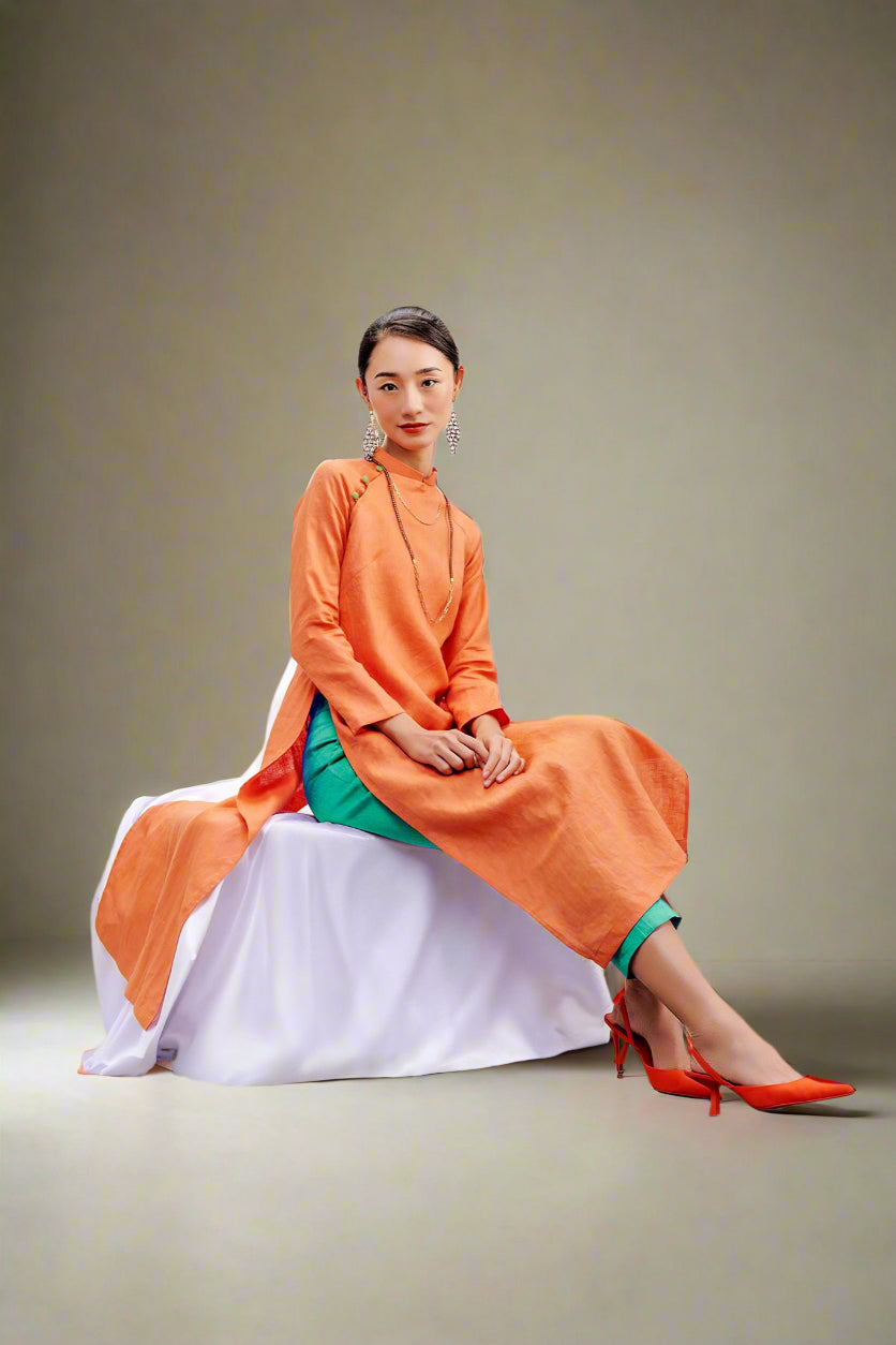 Áo dài tay raglan cổ hò linen cam thời trang Hity