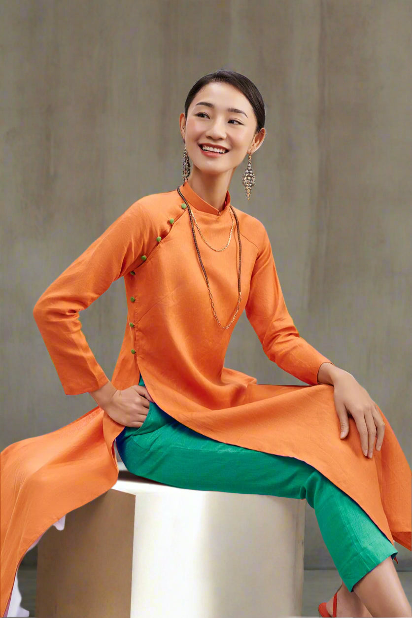 Áo dài tay raglan cổ hò linen cam thời trang Hity