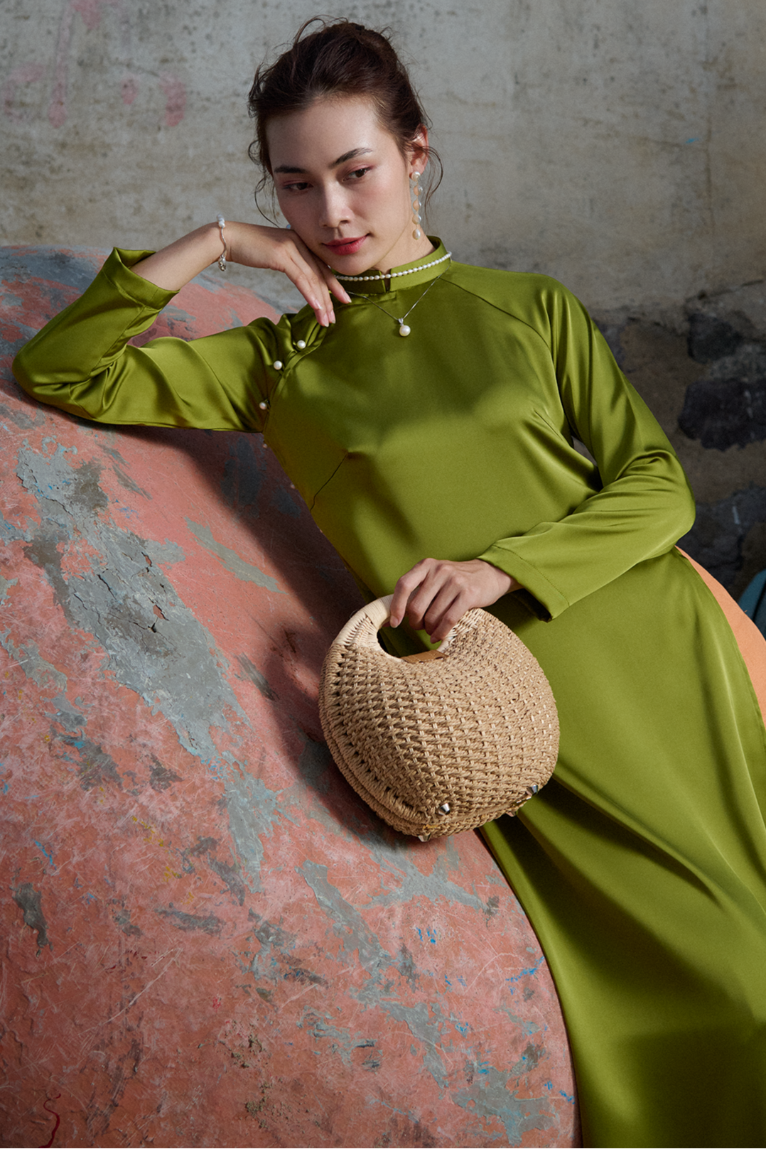 Áo dài raglan cổ hò xanh mạ thời trang Hity