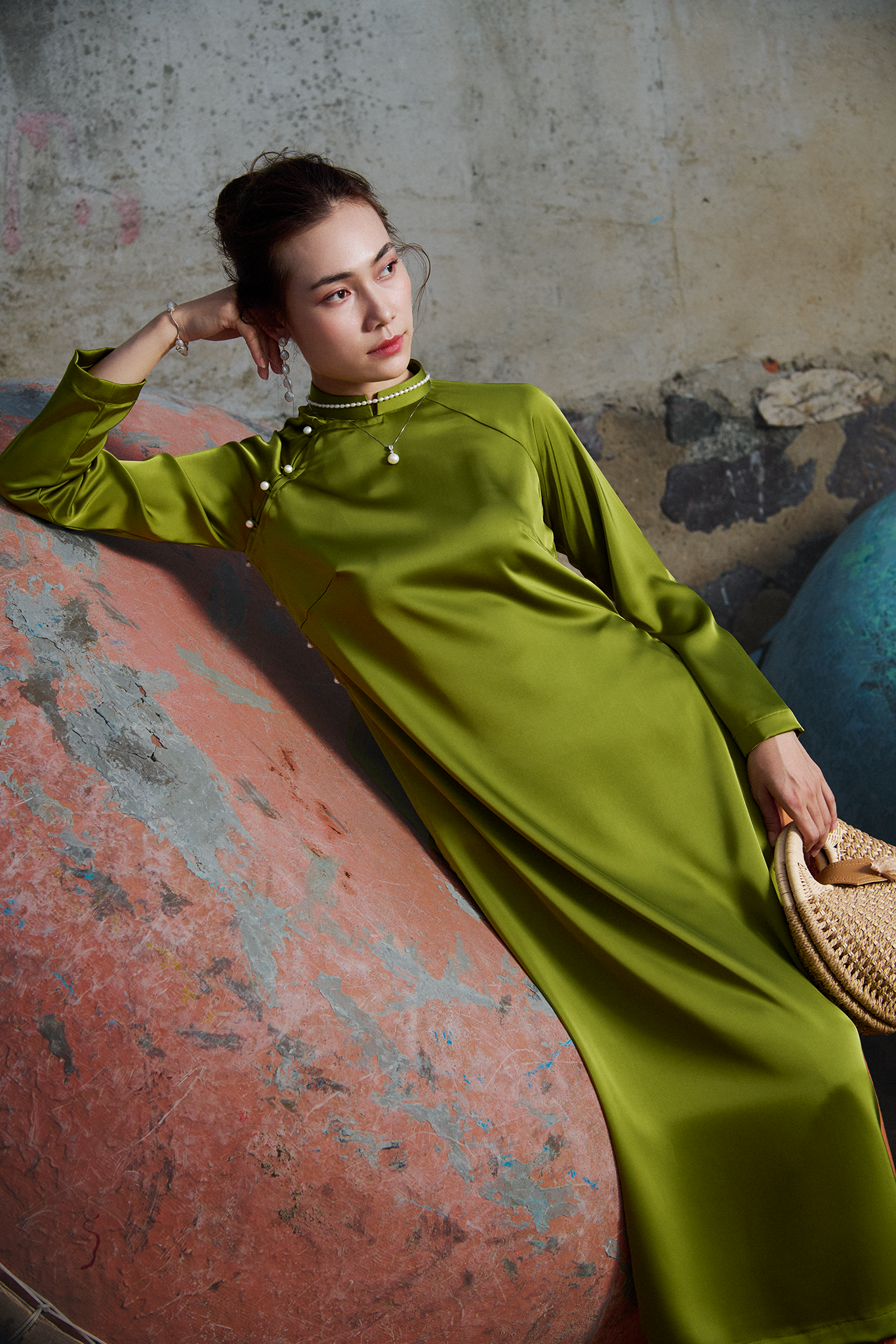 Áo dài raglan cổ hò xanh mạ thời trang Hity