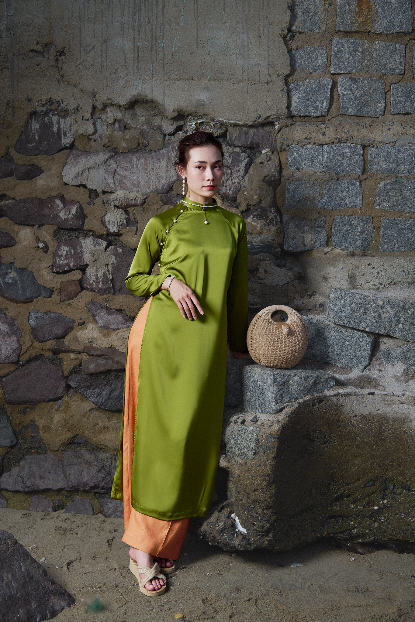 Áo dài raglan cổ hò xanh mạ thời trang Hity