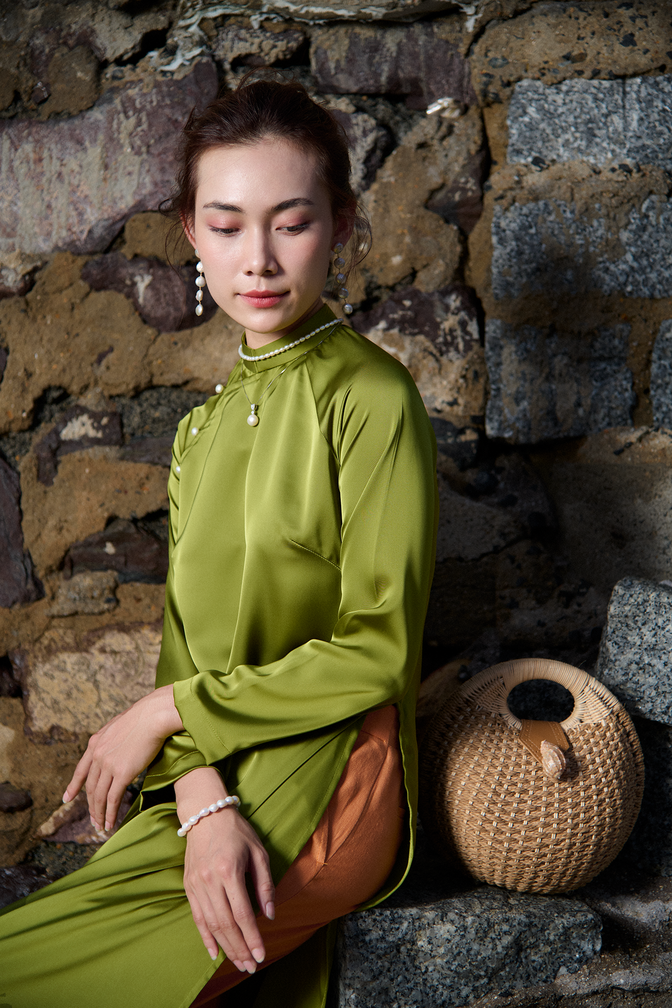 Áo dài raglan cổ hò xanh mạ thời trang Hity