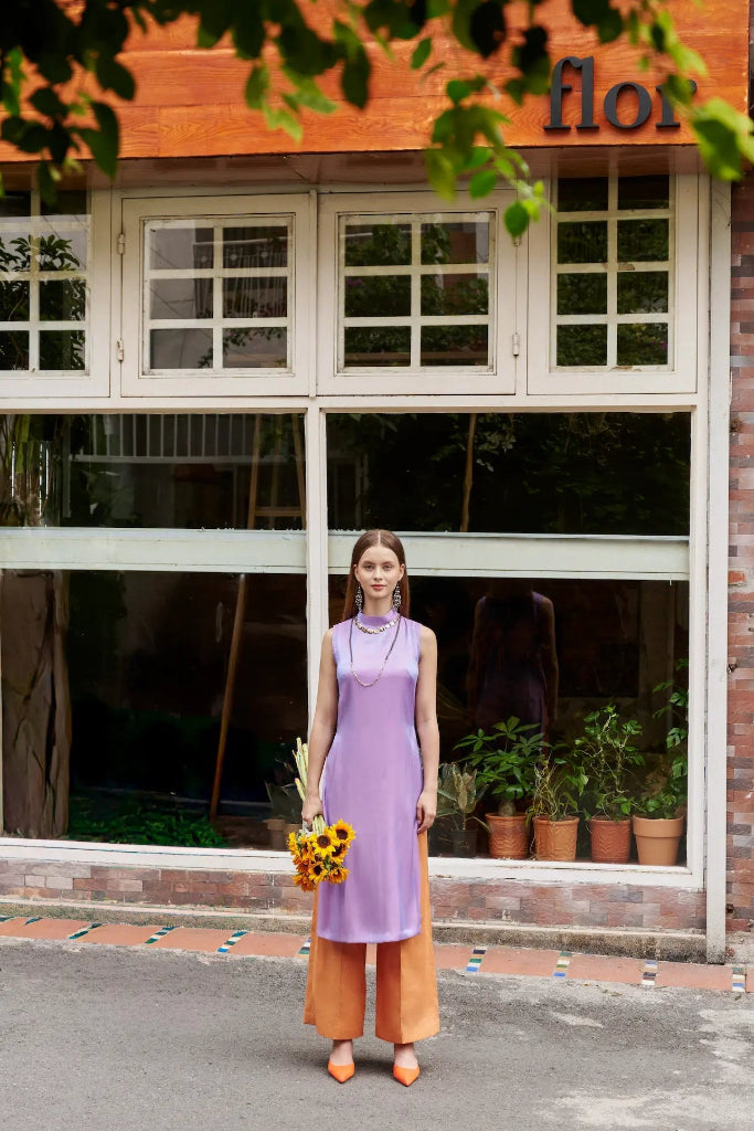 Áo dài cách tân lụa tơ tằm tím thời trang Hity