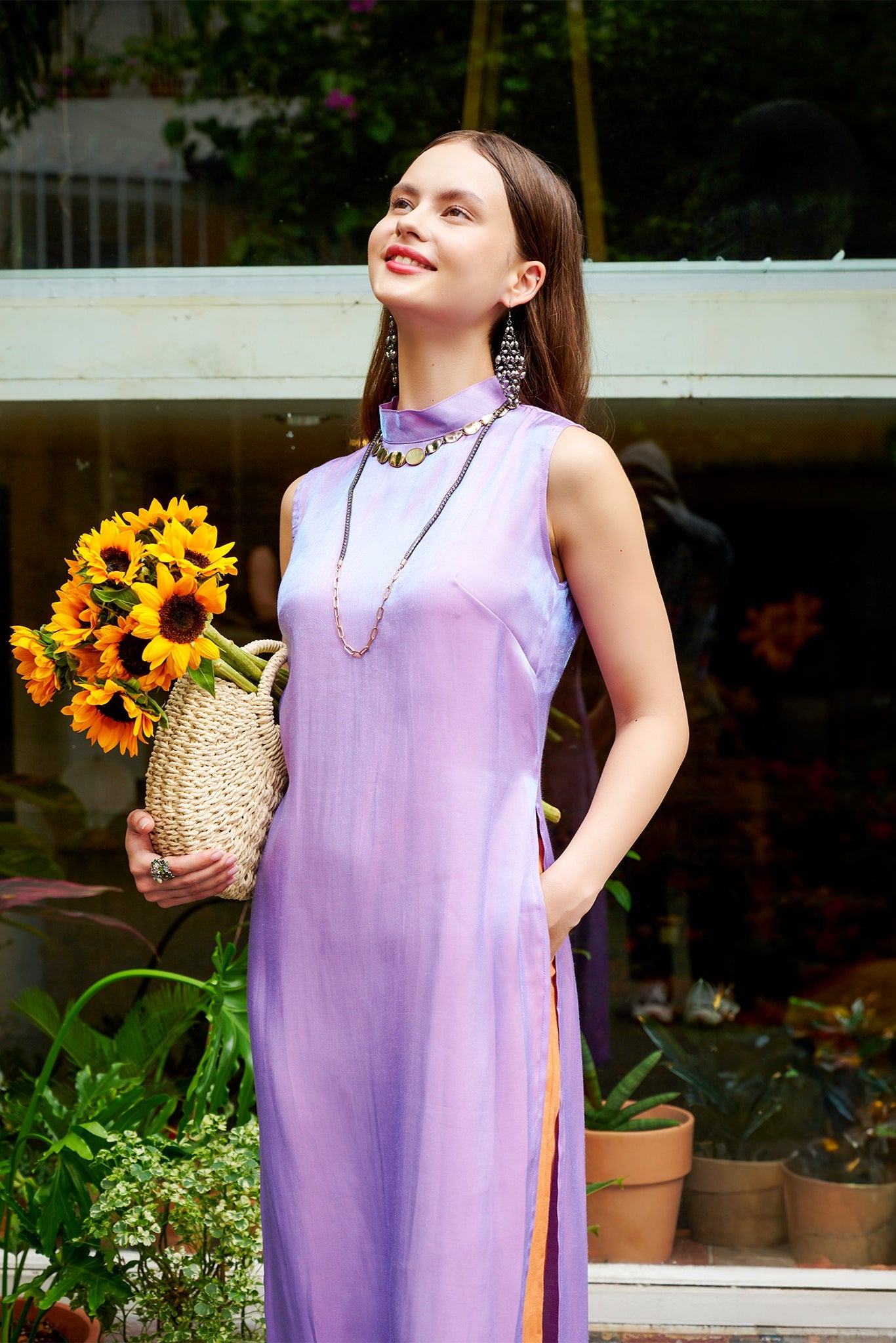 Áo dài cách tân sát nách lụa tím thời trang Hity