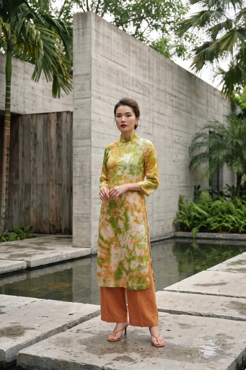 Áo dài lụa tơ tằm nhuộm loang tiedye thời trang Hity