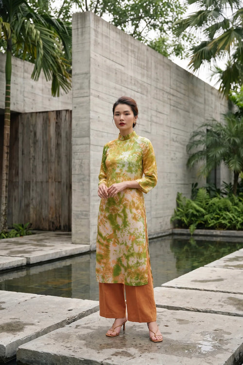 Áo dài lụa tơ tằm nhuộm loang tiedye thời trang Hity