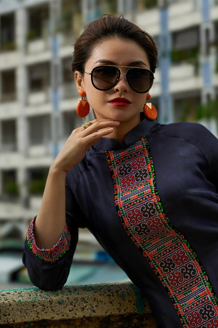 Áo dài lụa tơ tằm phối thổ cẩm thời trang Hity