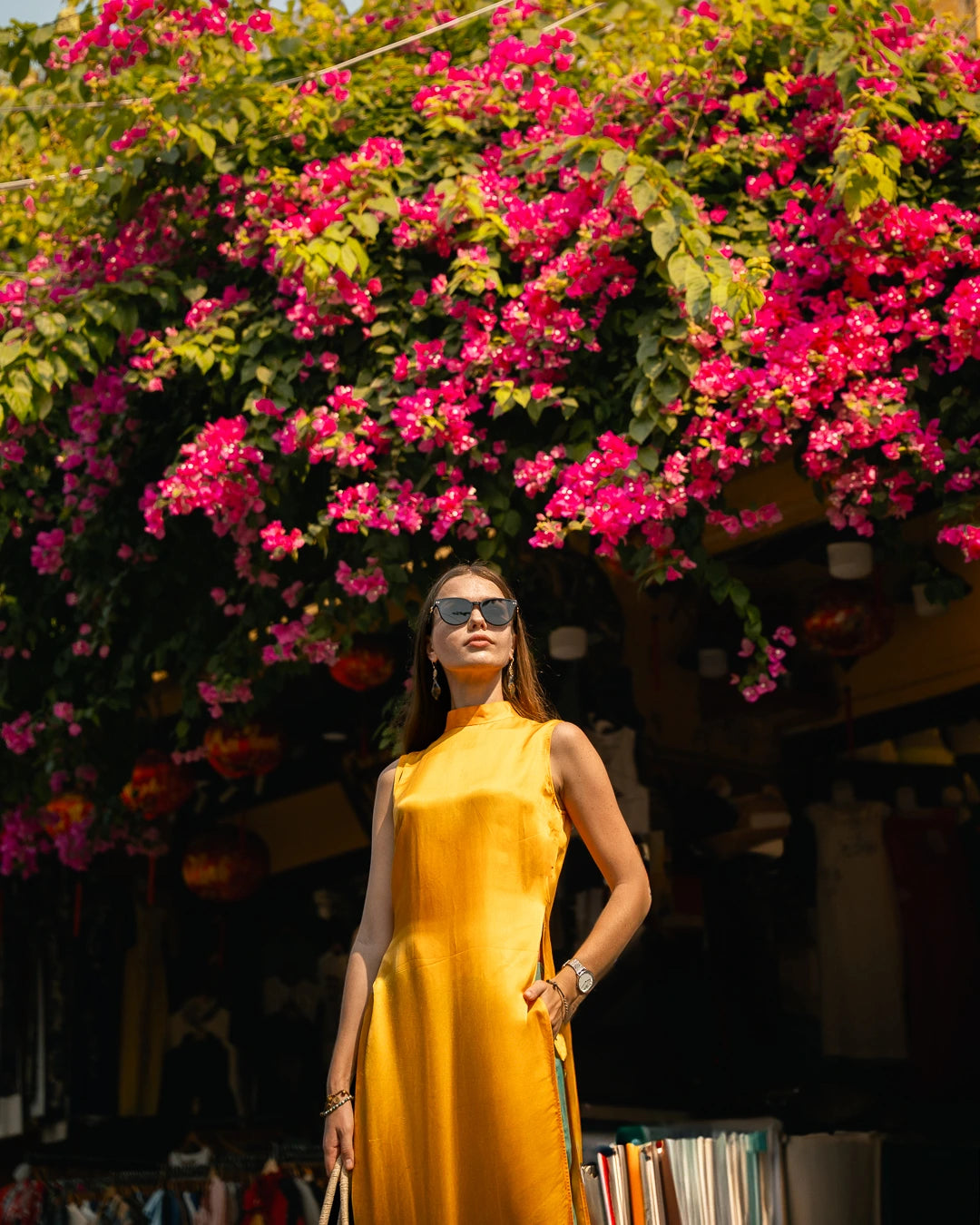 Áo dài cách tân lụa tơ tằm viscose vàng thời trang Hity 