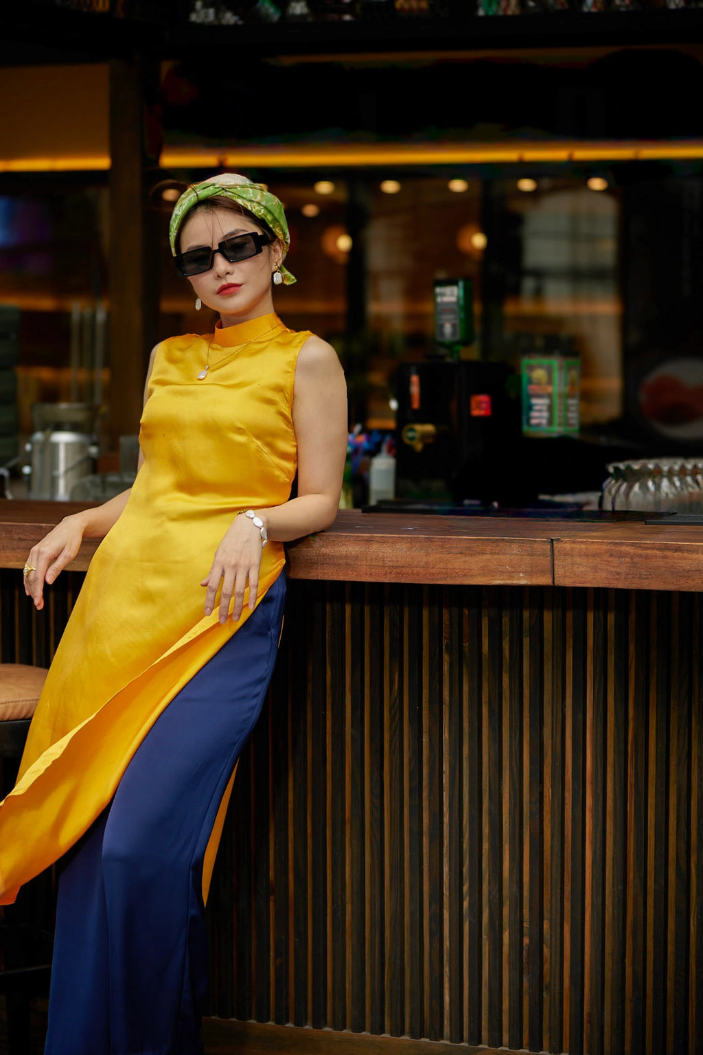 Áo dài cách tân lụa tơ tằm viscose vàng thời trang Hity
