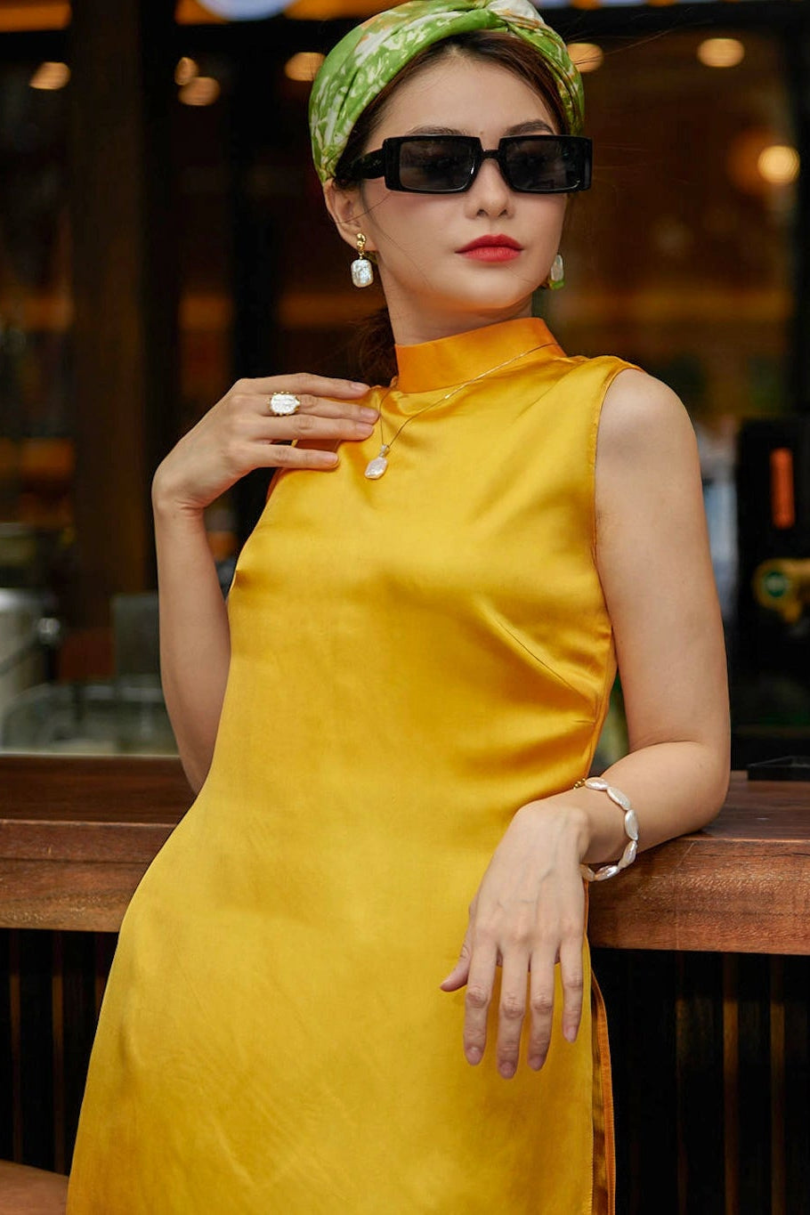 Áo dài cách tân lụa tơ tằm viscose vàng thời trang Hity