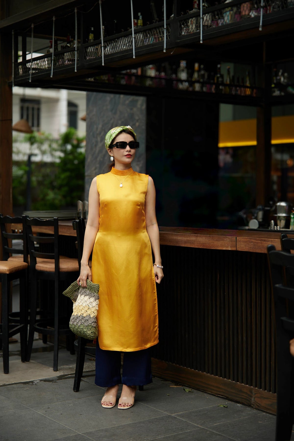 Áo dài cách tân lụa tơ tằm viscose vàng thời trang Hity