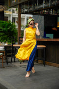 Áo dài cách tân lụa tơ tằm viscose vàng thời trang Hity