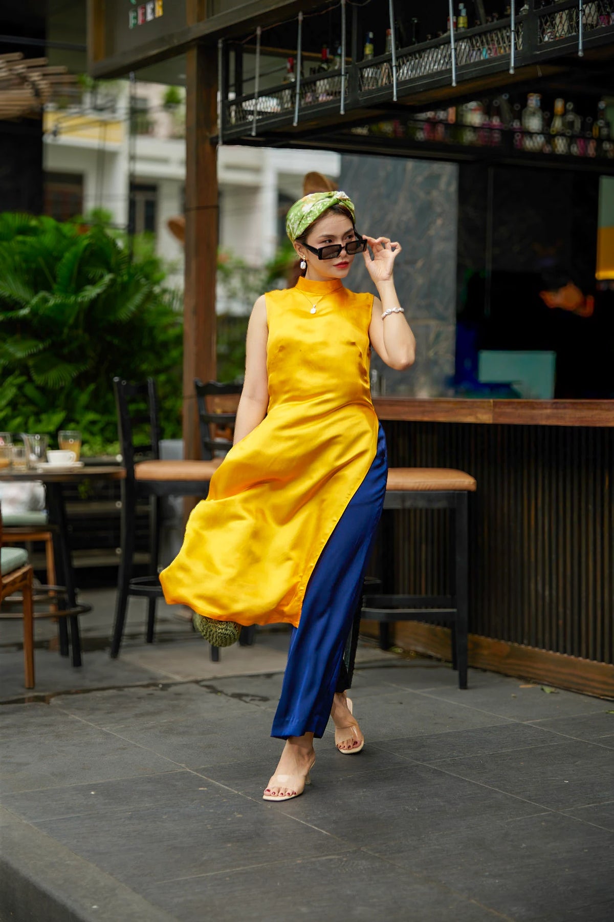 Áo dài cách tân lụa tơ tằm viscose vàng thời trang Hity