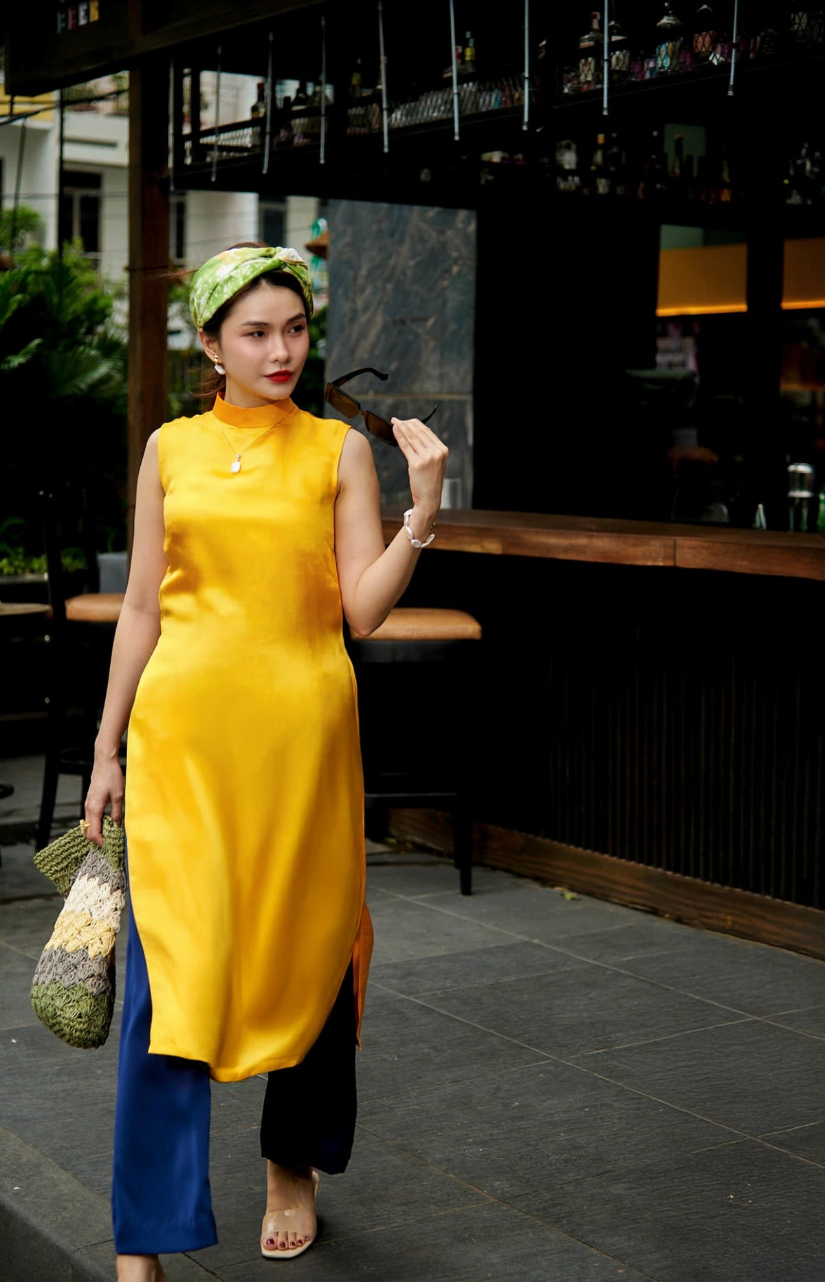 Áo dài cách tân lụa tơ tằm viscose vàng thời trang Hity