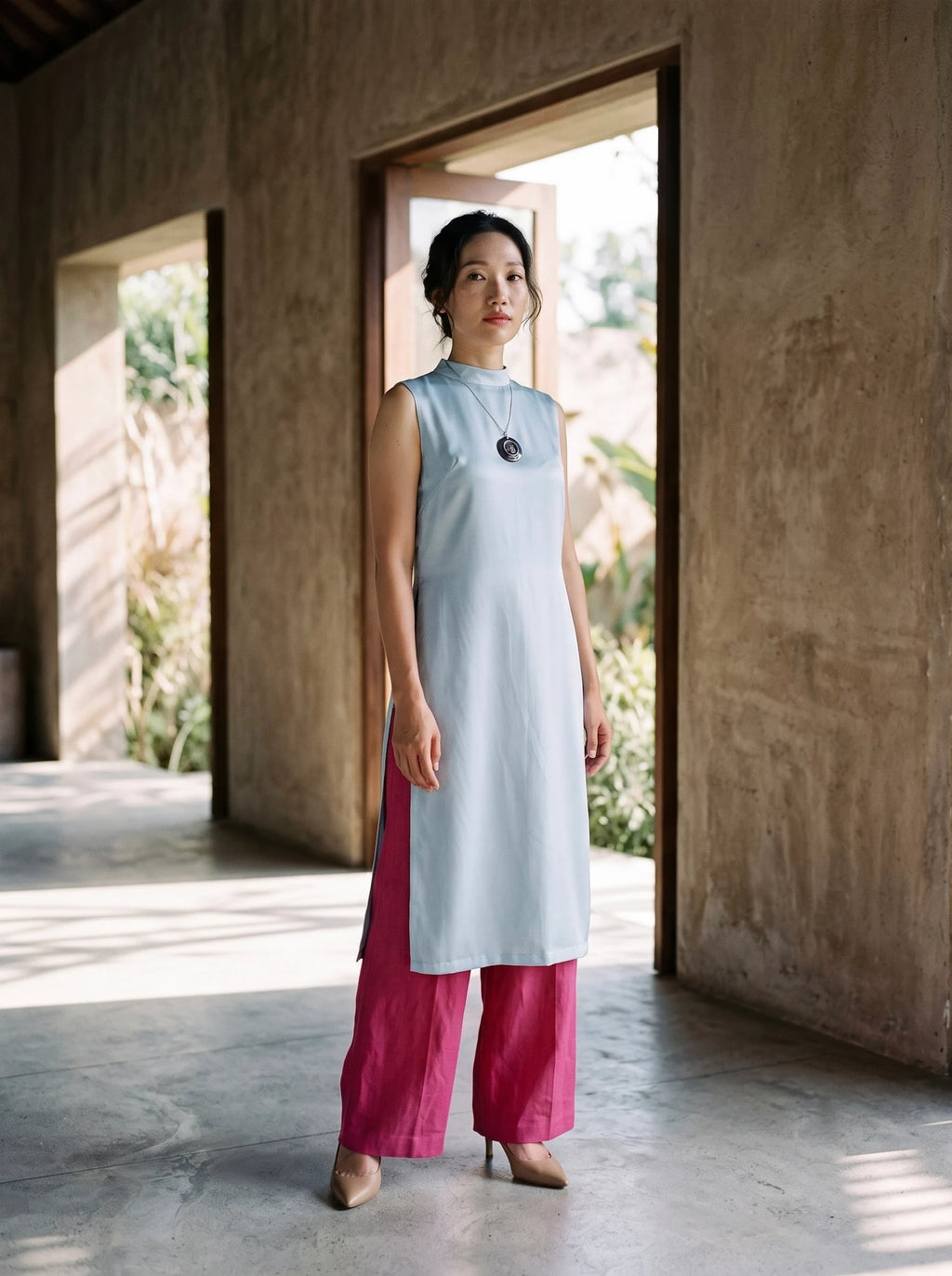 Áo dài lụa tơ tằm twill xanh pastel thời trang Hity
