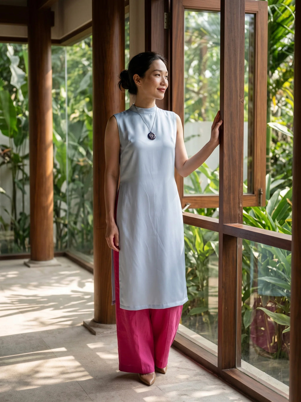 Áo dài lụa tơ tằm twill xanh pastel thời trang Hity
