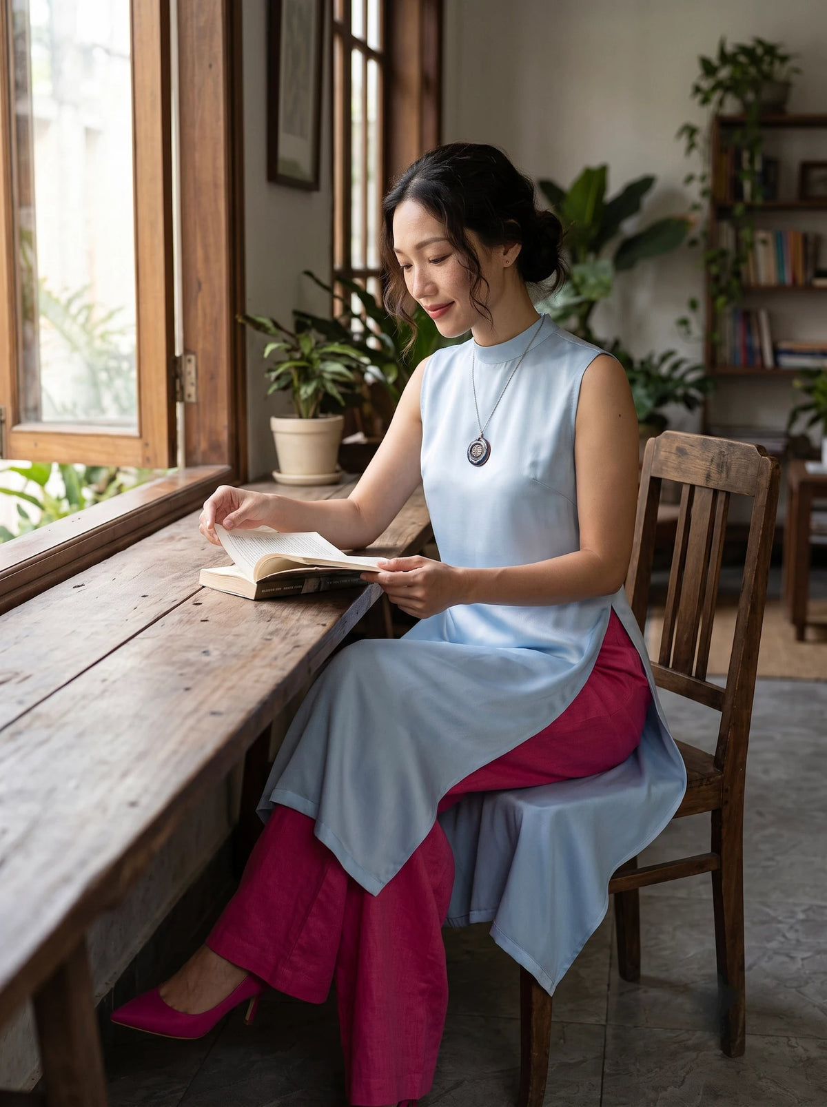 Áo dài lụa tơ tằm twill xanh pastel thời trang Hity