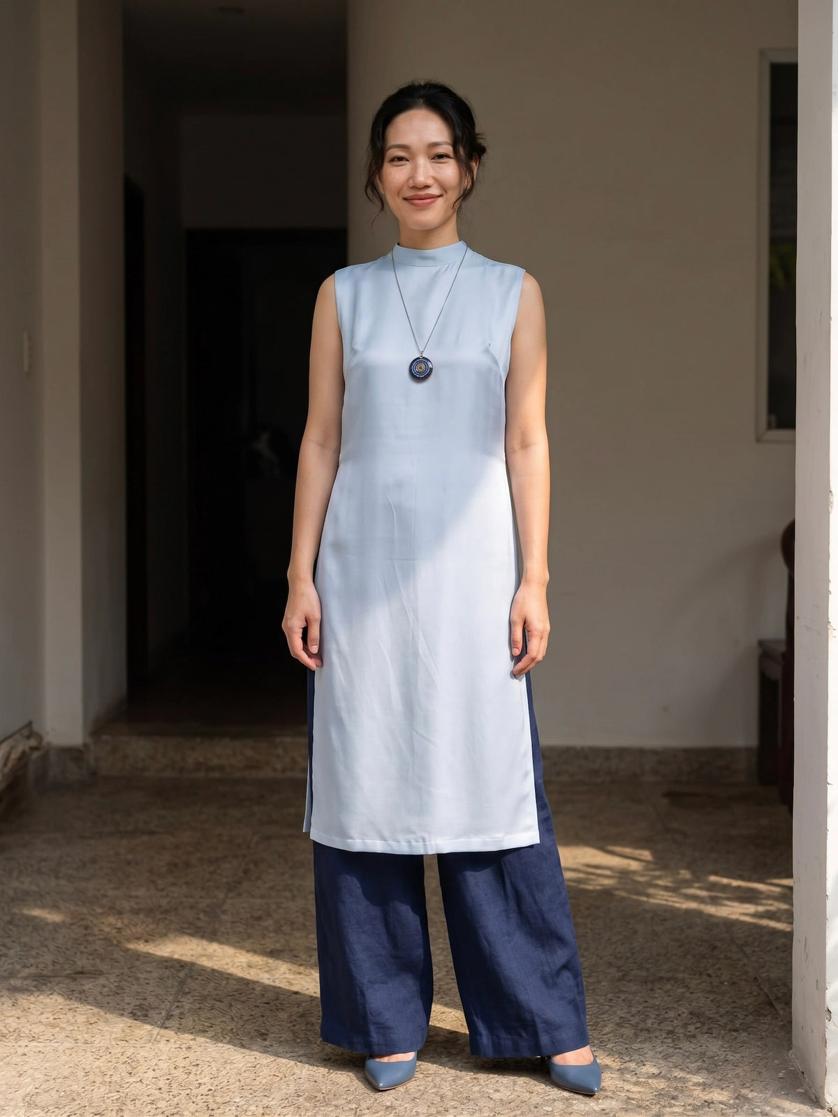 Áo dài lụa tơ tằm twill xanh pastel thời trang Hity