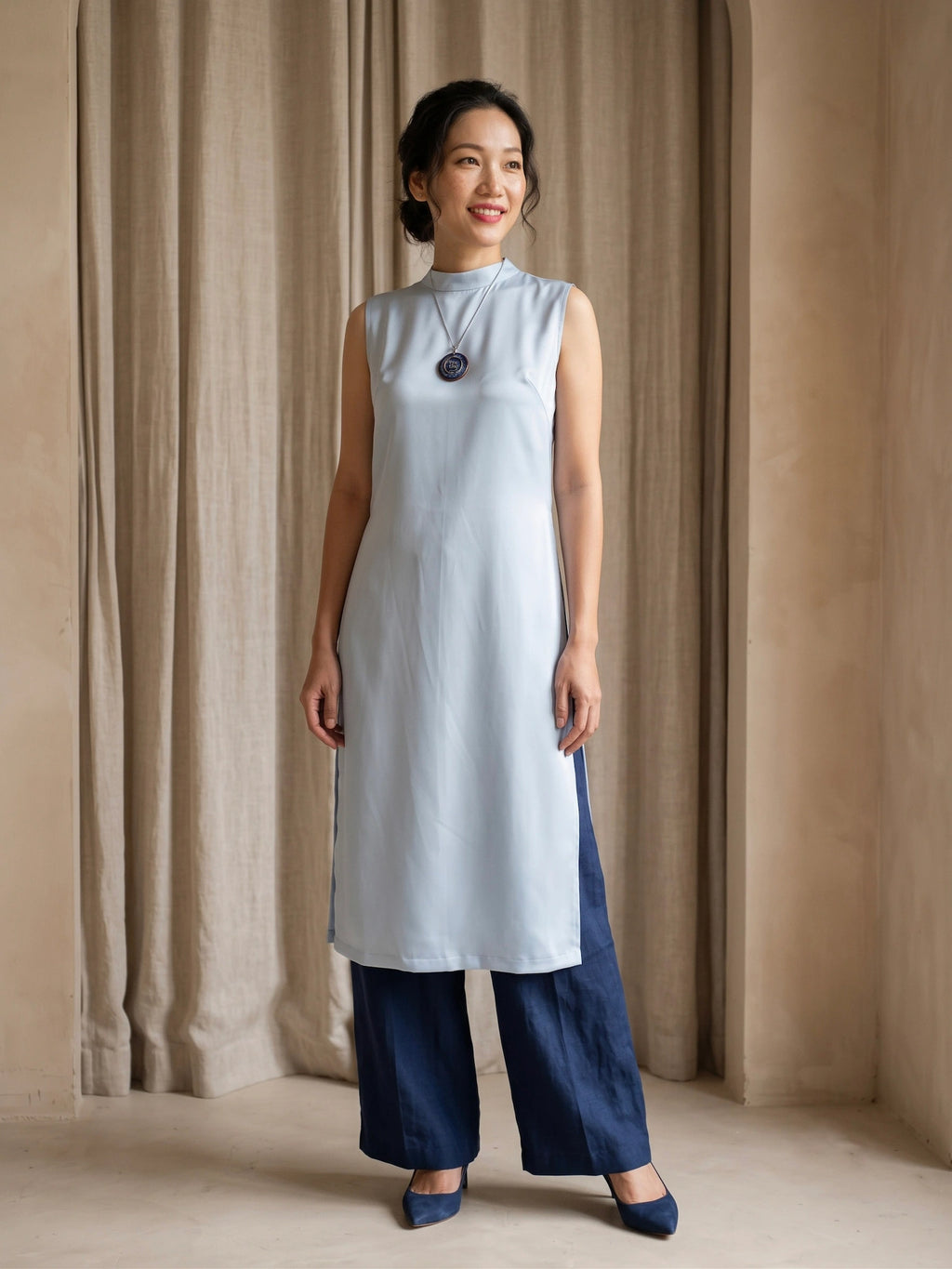 Áo dài lụa tơ tằm twill xanh pastel thời trang Hity