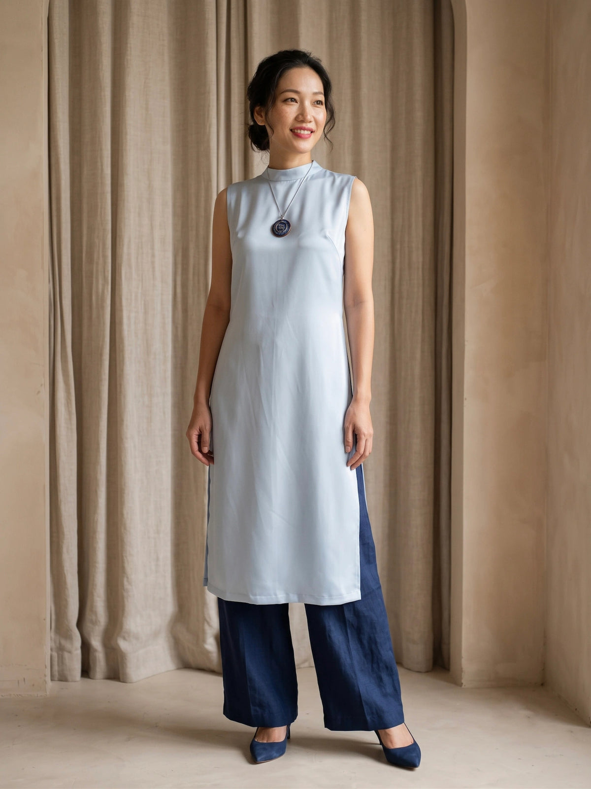 Áo dài lụa tơ tằm twill xanh pastel thời trang Hity