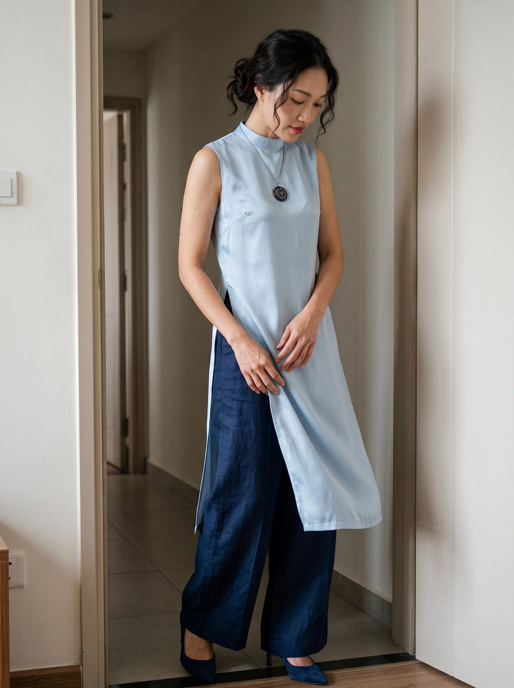 Áo dài lụa tơ tằm twill xanh pastel thời trang Hity