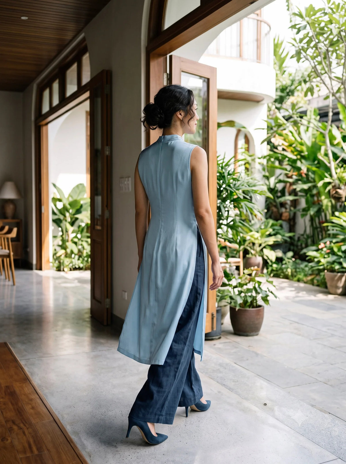 Áo dài lụa tơ tằm twill xanh pastel thời trang Hity
