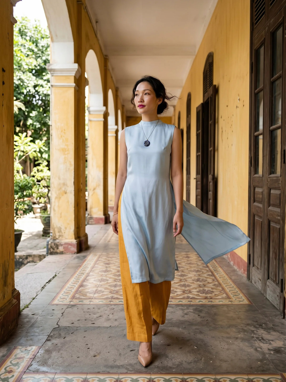 Áo dài lụa tơ tằm twill xanh pastel thời trang Hity