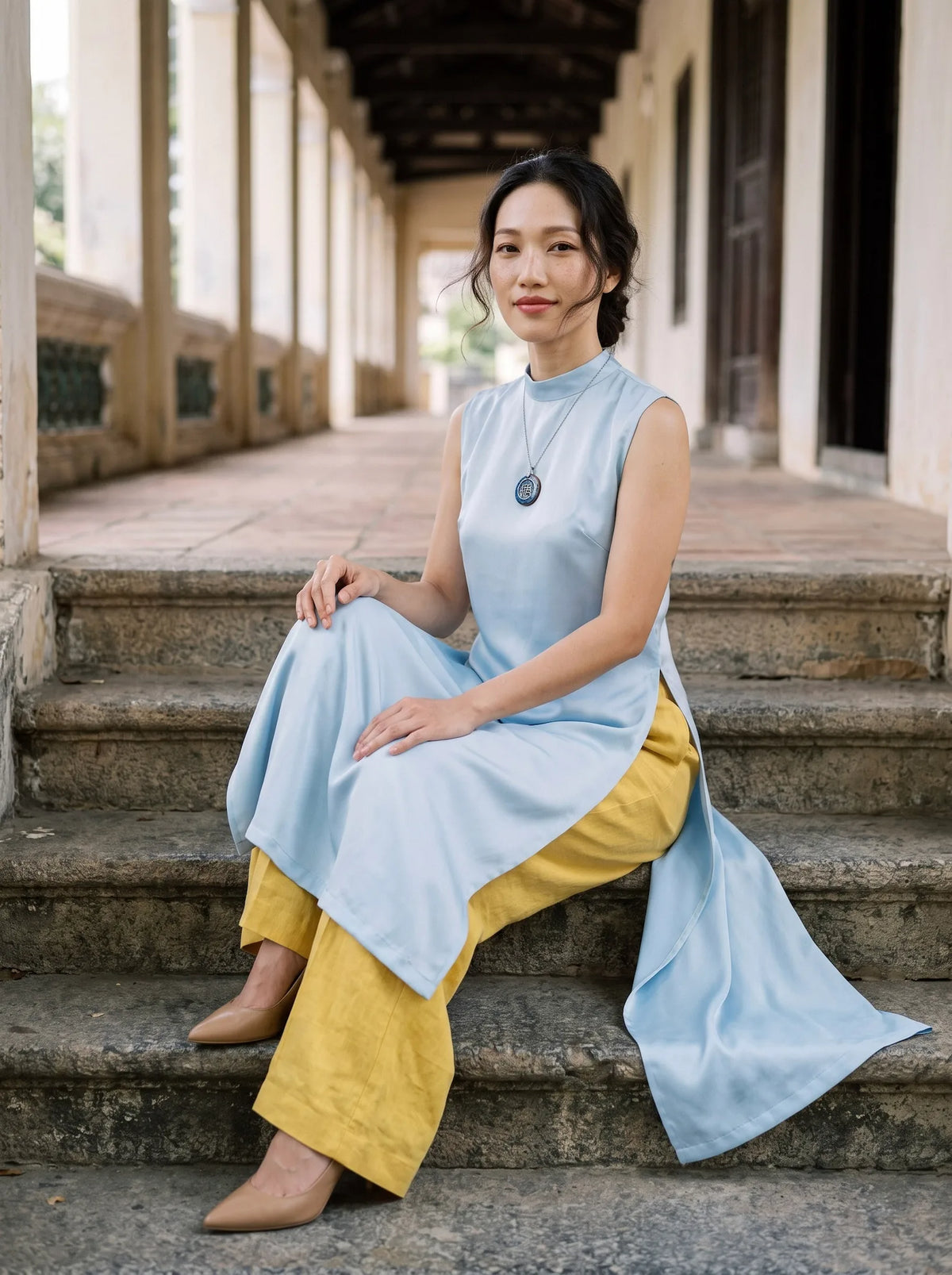 Áo dài lụa tơ tằm twill xanh pastel thời trang Hity