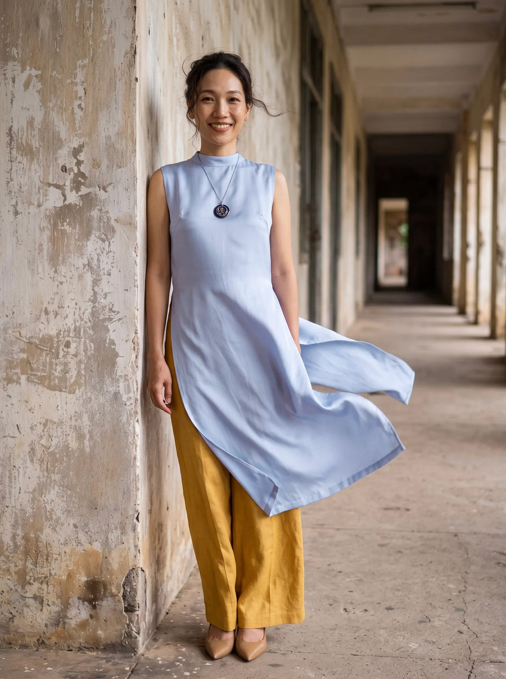 Áo dài lụa tơ tằm twill xanh pastel thời trang Hity