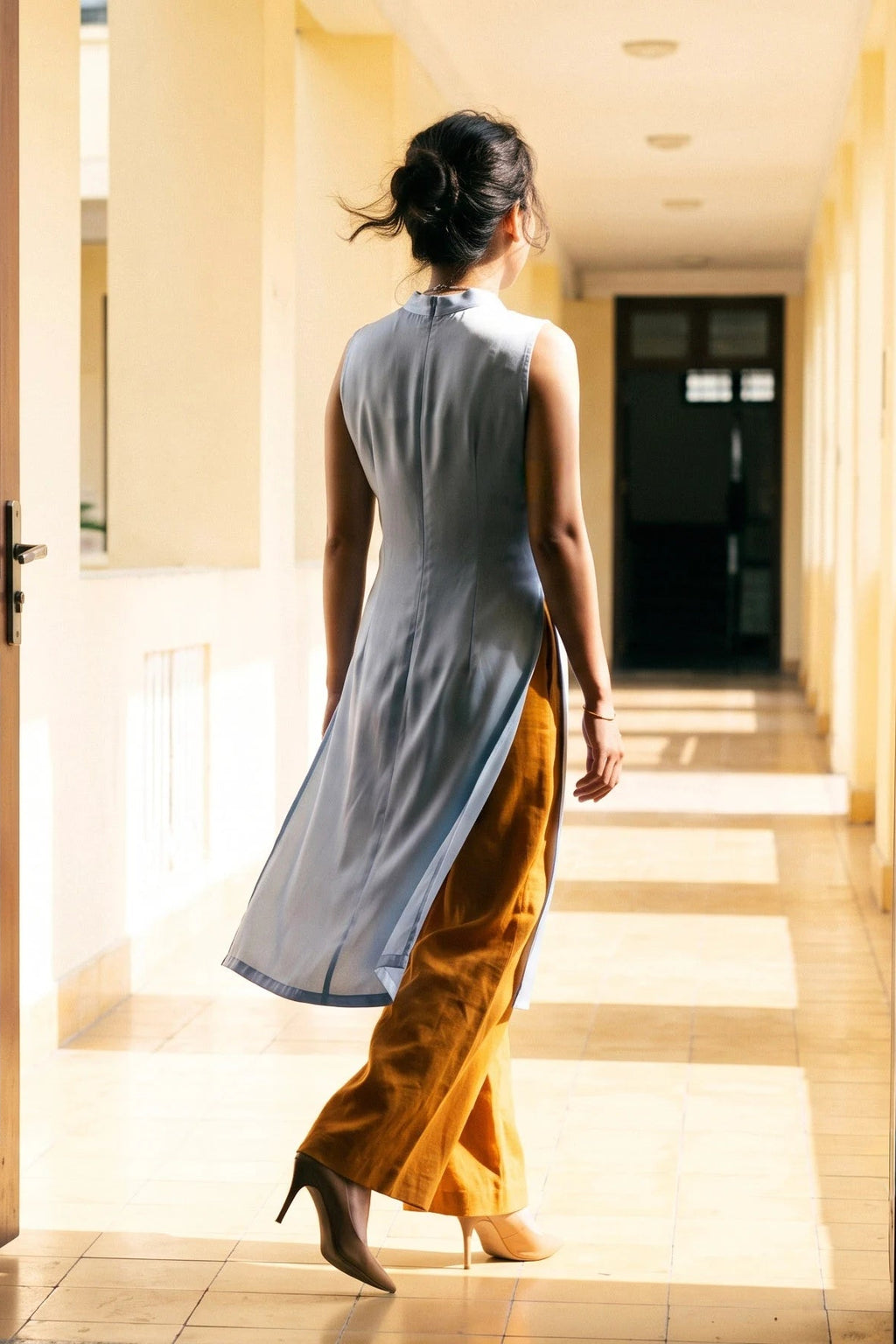 Áo dài lụa tơ tằm twill xanh pastel thời trang Hity