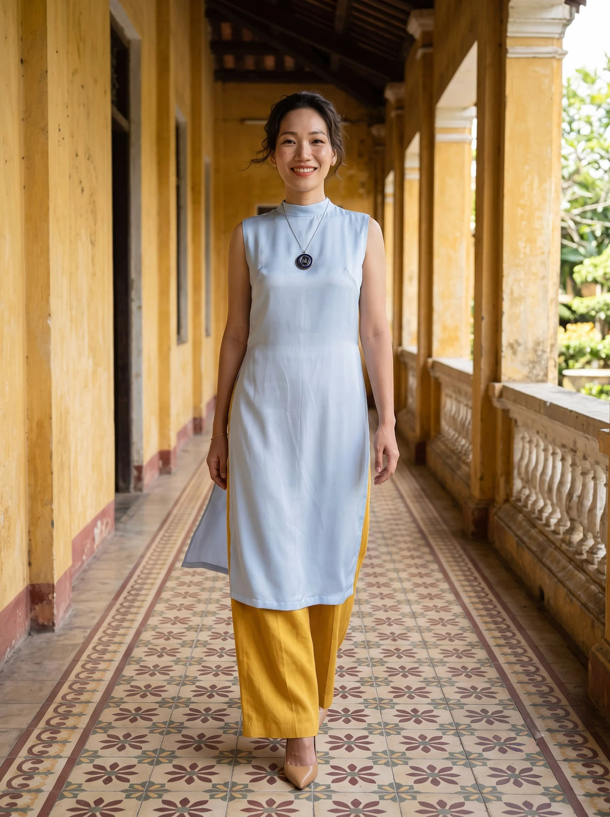 Áo dài lụa tơ tằm twill xanh pastel thời trang Hity