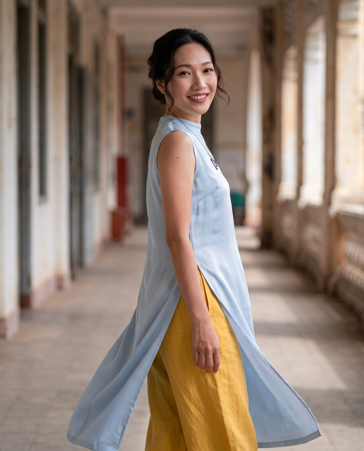 Áo dài lụa tơ tằm twill xanh pastel thời trang Hity