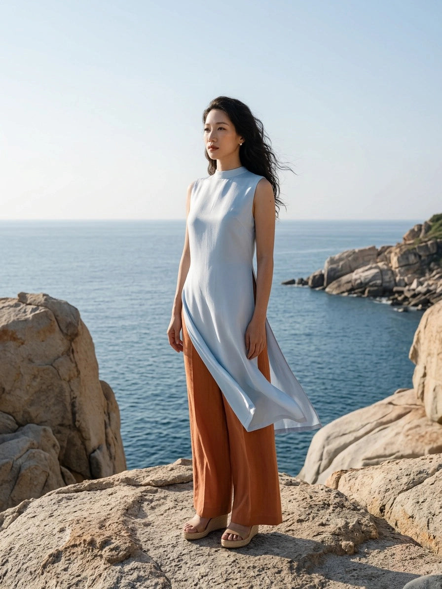 Áo dài lụa tơ tằm twill xanh pastel thời trang Hity