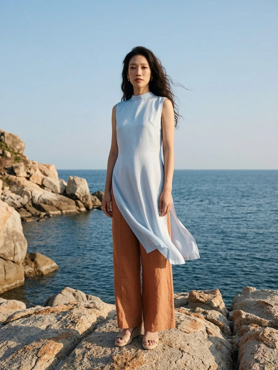 Áo dài lụa tơ tằm twill xanh pastel thời trang Hity