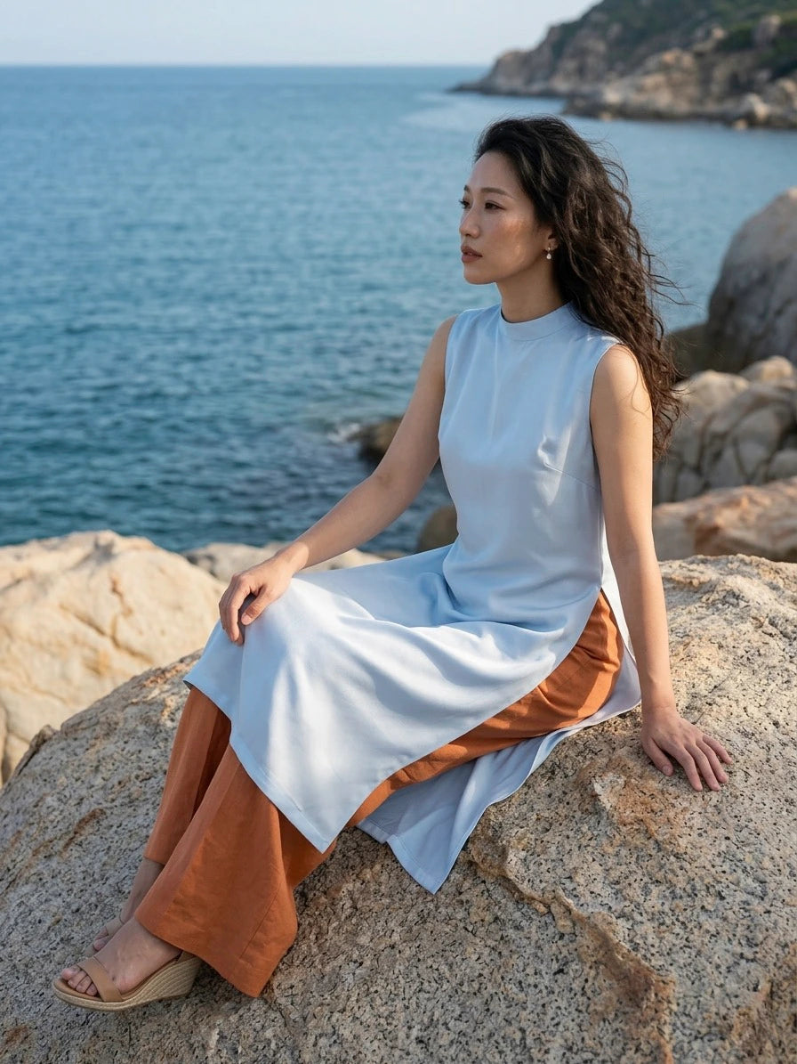 Áo dài lụa tơ tằm twill xanh pastel thời trang Hity
