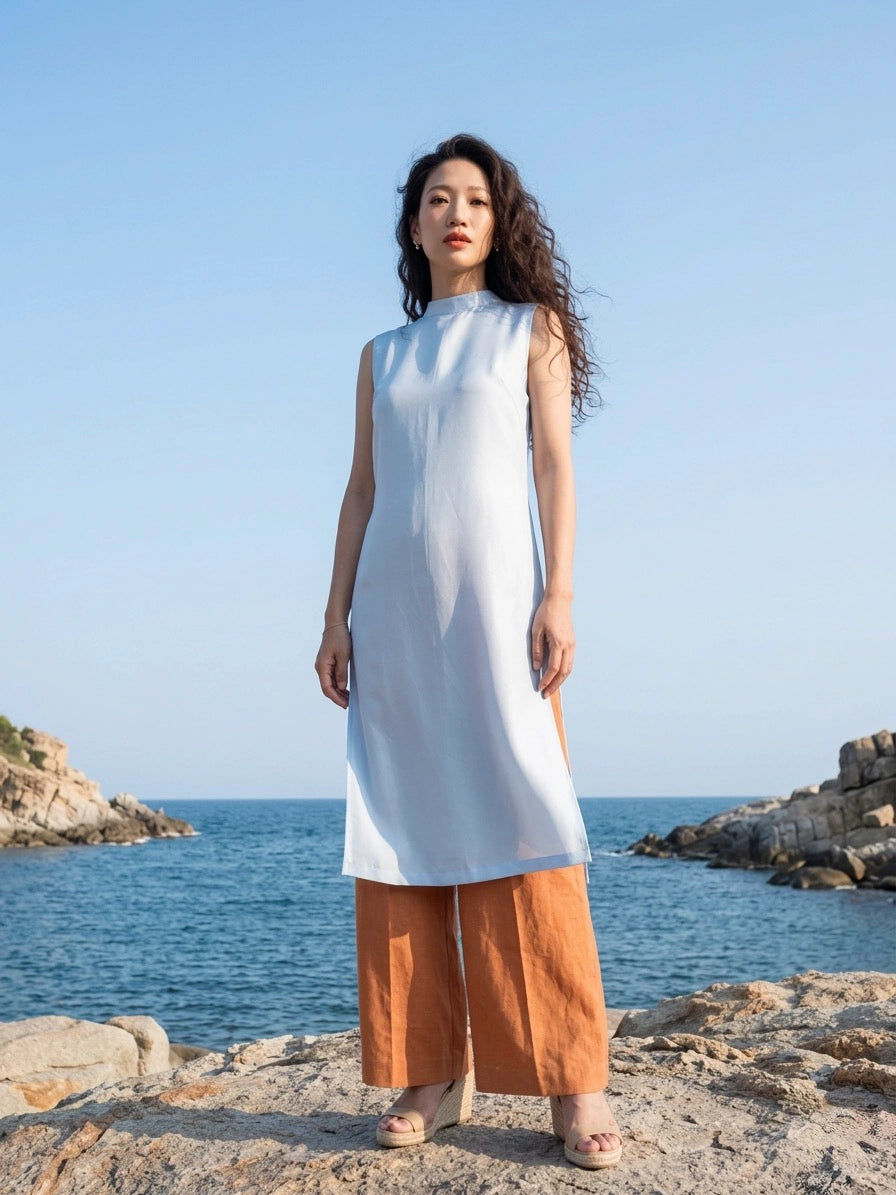 Áo dài lụa tơ tằm twill xanh pastel thời trang Hity
