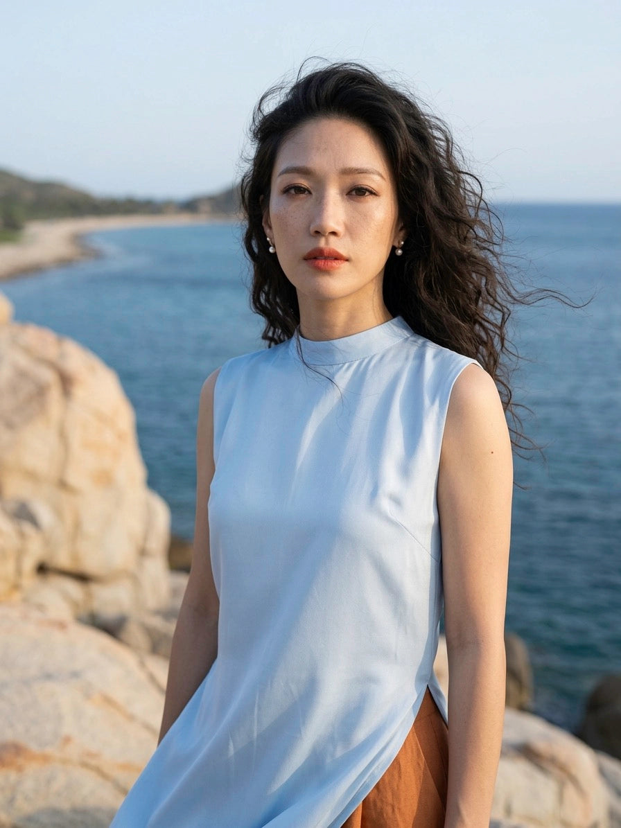 Áo dài lụa tơ tằm twill xanh pastel thời trang Hity