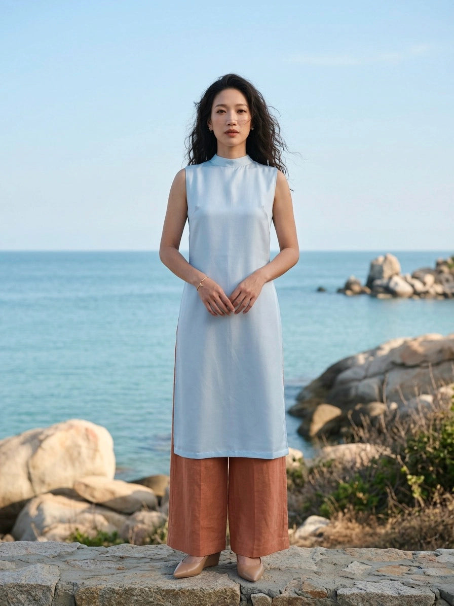 Áo dài lụa tơ tằm twill xanh pastel thời trang Hity