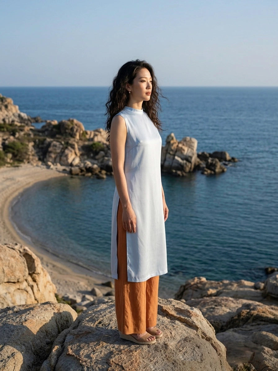 Áo dài lụa tơ tằm twill xanh pastel thời trang Hity